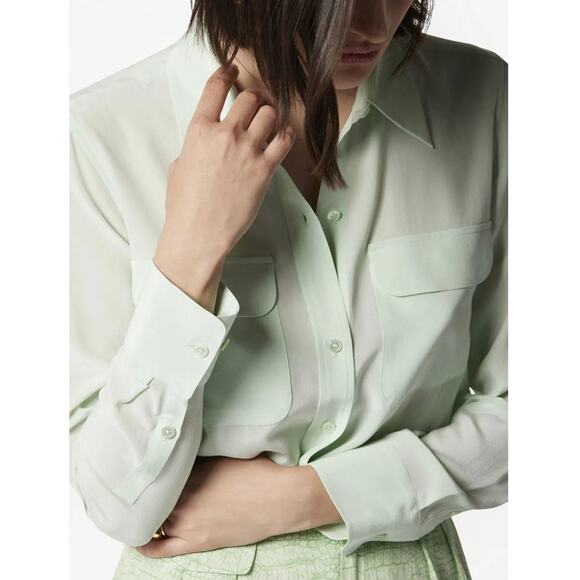 Equipment Jade Mint Green Long Sleeve Silk Button Down Patch Pocket Blouse EUC M - Picture 1 of 12